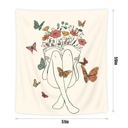 Abstract Woman Tapestry Boho Butterfly Floral Reading Book Wall Hanging - color: Abstract Woman（Beige）, size: 59"L x 51"W