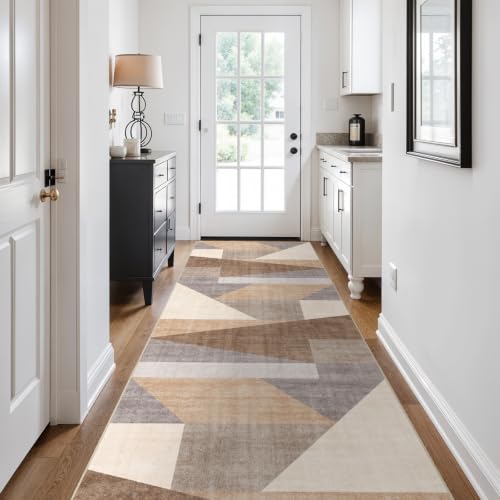 3x10 Washable Geometric Runner Rug - Non-Slip Modern Hallway Rugs Tan Beige - color: Tan Beige, size: 3' x 10' (Rectangular)