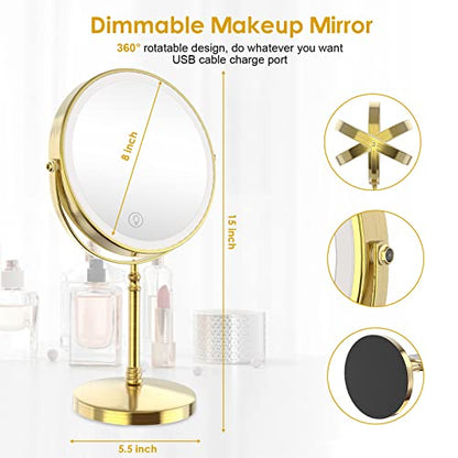 DEIOVWXS Makeup Mirror, Rechargeable Vanity Mirror with 3 Lights, 1X/10X - color: Brushed Bronze