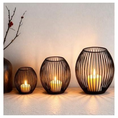 3-Piece Black Metal Lantern Candle Holder Set, Modern Lantern Decor for Home, Stylish Lanterns Decorative Indoor with Easy-Open Design and Heat-Resistant Trays