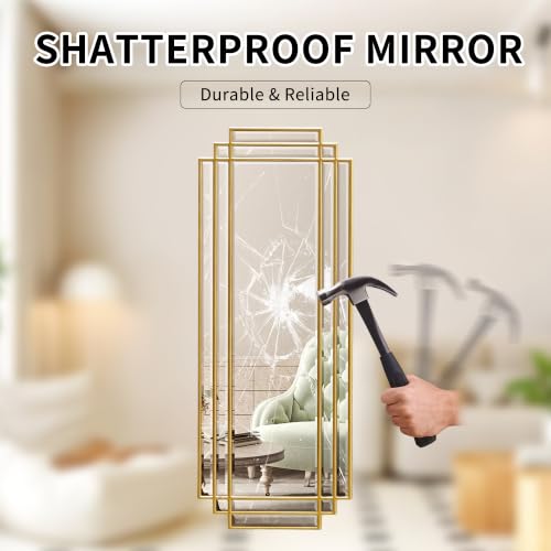 42"x16" Rectangle Beveled Wall Mirror with Black Geometric Frame - color: Gold, size: 42"L x 16"W