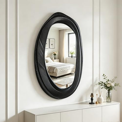 POZINO 40"X20" Irregular Wall Mirror, Black Asymmetrical Wood Mirror - size: 40"L x 20"W