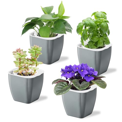 Oliz 4 Pack Self Watering Pots 4-inch Decorative Flower Planters for Indoor Plants Modern Square planters for Small Plants Window Sill Planters for Succulents, African Violets, Herbs(Sliver Black) - color: Sliver Black-4 Pack