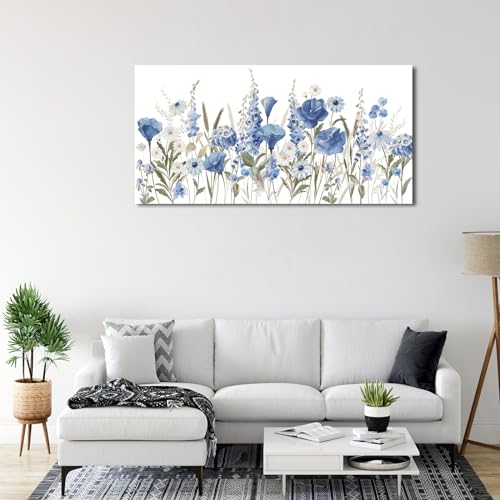 Elegant Blue White Flowers Wall Art Botanical Canvas Prints, 24"x48" - color: Blue White Botanical Flowers, size: 48"L x 24"W