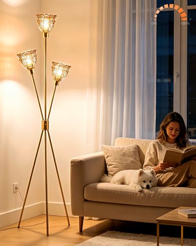 Lightdot Amber Glass Tripod Floor Lamp Dimmable Gold Floor Flower Lamps - color: Amber-Gold-79F