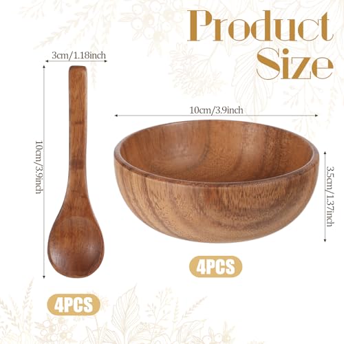 4 Pack Acacia Wooden Bowl with 4 Pcs Spoon 2.5 oz Wooden Dipping Bowls Round Wood Salad Hand Carved Calabash Dip Tray for Condiments, Jam, Nuts, Appetizer, Snack, Yogurt, Ketchup, Barbecue (3.9 Inch) - size: 3.9 Inch