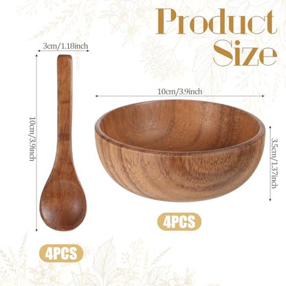 4 Pack Acacia Wooden Bowl with 4 Pcs Spoon 2.5 oz Wooden Dipping Bowls Round Wood Salad Hand Carved Calabash Dip Tray for Condiments, Jam, Nuts, Appetizer, Snack, Yogurt, Ketchup, Barbecue (3.9 Inch) - size: 3.9 Inch