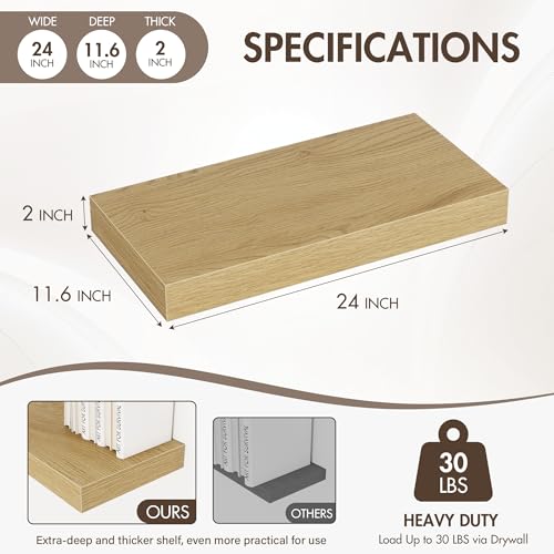 Acovy 24 Inch Floating Shelves, 12" Deep Floating Shelf Wall Mounted, 24" Wall Shelves, Rustic Deep Bookshelf, Extra Deeper & Thicker Display Shelves for Bedroom, Living Room, Oak, Set of 2 - color: Oak, size: 12"Wx24"L-2pcs
