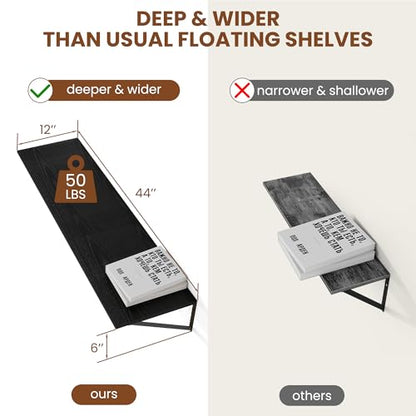 Heimlove 44W x 12D Deep Floating Shelves Set of 2 Black - color: Black With Black Metal Bracket, size: 44Wx12Dx5.8H