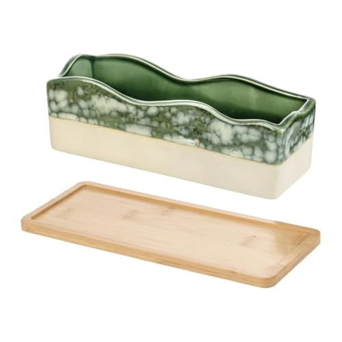 MyGift Beige Green Ceramic Glazed Rectangular Succulent Planter Pot - size: 10 Inch