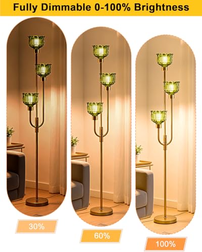 3-Light Glass Floor Lamp 66IN Modern Green Glass Gold Dimmable Floor Lamps - color: Green Tulip-Gold