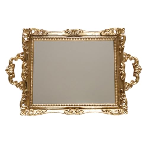 Cabilock Vintage Mirror Tray Carved Gold Vanity Tray for Jewelry Cosmetics Dessert Display Wedding Party Home Office Hotel Decor 14.76 X 9.44 X 1.96 in