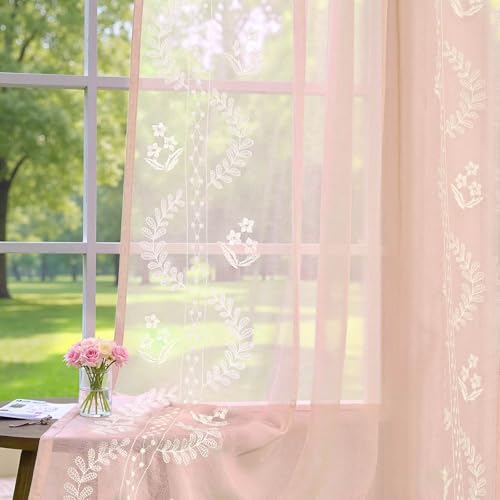 jinchan Floral Sheer Curtains, Back Tab 50x84 Inch, 2 Panels Pink - color: S | Pink, size: 50"W x 84"L (Pack of 2)