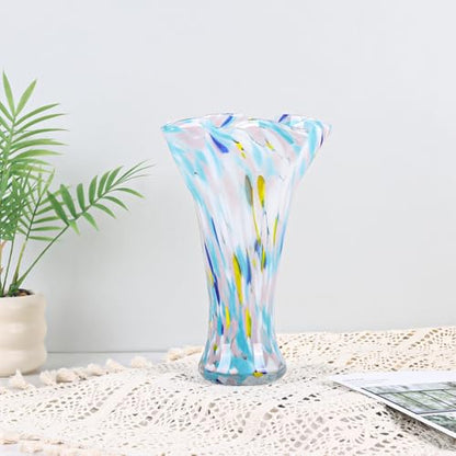 9.0" H Blue White Glass Vases for Flower, Unique Hand Blown Glass Vase - color: Multicolor Blue