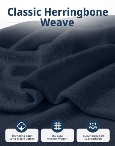 LANE LINEN 100% Cotton Blankets King Size, Textured Herringbone Weave - color: 06: Navy, size: King