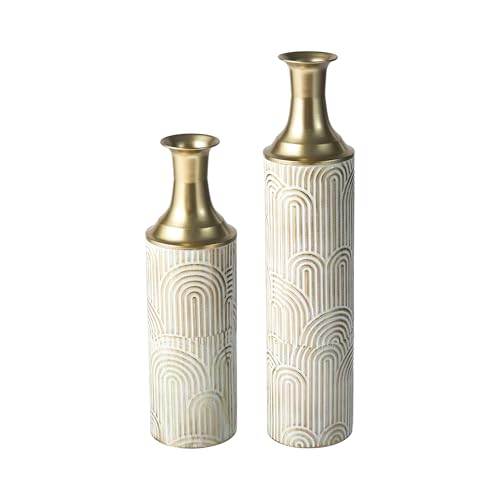Glitzhome 26/20 Inches Metal Vases, Tall Floor Vases Set of 2 for Dried Flowers, Detachable Modern White and Gold Floor Metal Decorative Vase for Centerpiece Living Room Ground Corner Home - color: Champagne Gold