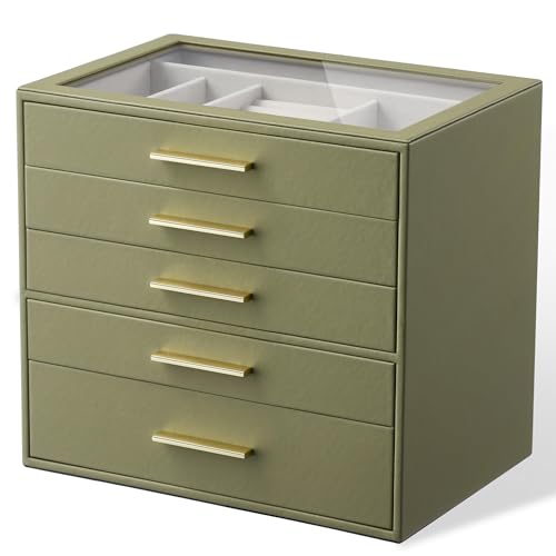 Jewelry Box Organizer Storage Case, 5-Layer with Glass Window, Green - color: Green, size: 5 layer