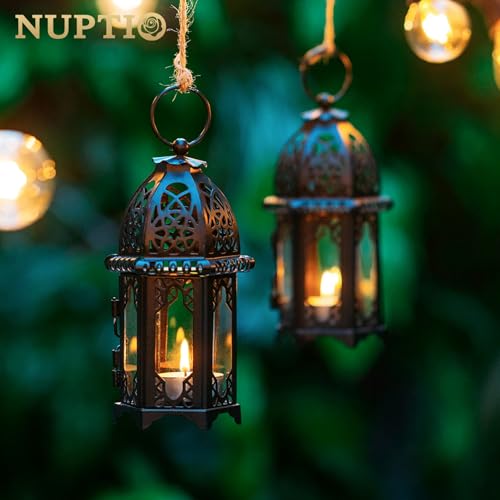 NUPTIO Moroccan Style Candle Lantern, Tealight Candle Holder with Glass - color: Black, size: 2 Pcs Small Size