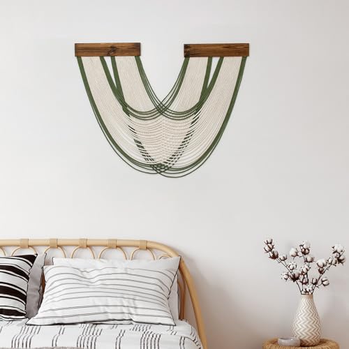 EOBTAIN Green Macrame Wall Hanging Macrame Wall Decor, Handmade Beige Yarn Tassel Boho Tapestry Woven Wall Art for Bedroom Living Room Backdrop Apartment Home Decorations, 23.6x31.5 Inch - color: Beige and Green