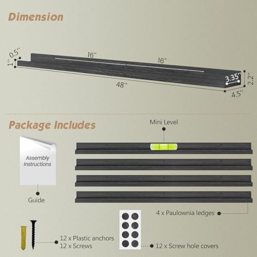 Forbena 48 Inch Black Picture Ledge Shelf Set of 4, Extra Long Floating Shelves for Wall with Lip, Narrow Wall Mounted Shelves for Living Room Bedroom Photo Frames, Art Pictures, Books, Legos - color: Black