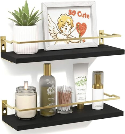 RICHER HOUSE Floating Shelves Bathroom, Small Wall Shelf Over Toilet 2 Set - color: Black & Gold