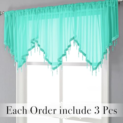WUBODTI Teal Sheer Valance Curtains for Bathroom Windows, Summer Boho Crystal Beads Tassel Triangle Sheer Kitchen Swag Curtain Valance for Bedroom Living Room Cafe Farmhouse,3PCs, Each W51 x L24 - color: Turquoise