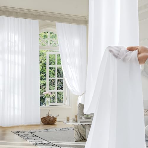 FMFUNCTEX White Sheer Curtains, 84 Inch, Rod Pocket, 2 Panels for Bedroom - color: White, size: 52"W x 84"L (Pack of 2)
