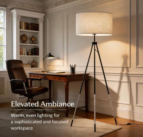 JOOFO Modern Metal Tripod Floor Lamp with Remote, 16.5" Linen Shade - color: Brushed Black