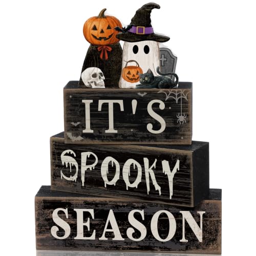 Moucuny 4 Pcs Halloween Table Decor Pumpkin Ghost Wood Stacked Block Decor - style: Spooky