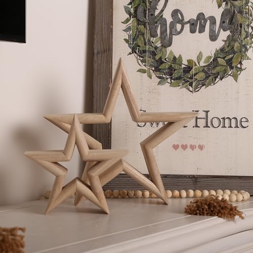 LOSOUR Set of 2 Natural Wood Decor Stars - Coffee Table Decor, Centerpiece, TV Stand, Bookshelf, Desk, Tiered Tray for Living Room, Bedroom, Office - color: Natural Wood