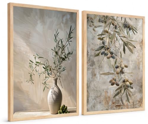 Vintage Olive Tree Wall Art Set of 2, Modern Neutral Botanical Canvas Print - color: Green olive tree, size: 16x24 Inches