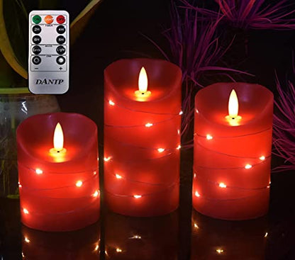 Red LED flameless Candle with Embedded Starlight String, 3 LED Candles, 10-Key Remote Control, 24-Hour Timer Function, Dancing Flame, Real Wax, Battery Powered. (Red - color: Red