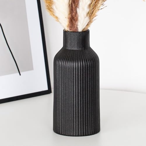 Bohemian Black Ceramic Vase - for Pampas Grass, Mantel, Bookshelf, Entryway and Living Room Decor (Black, 7in) - color: Black, size: 7in-Round