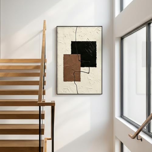 QKF Block Geometric 3D Texture Black Aluminum Frame Canvas Wall Art - color: Beige, Brown & Black