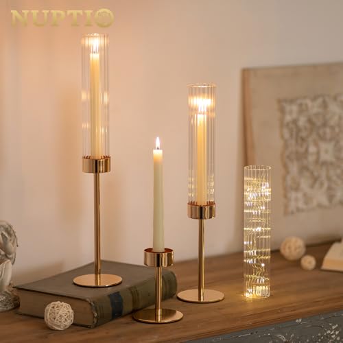 NUPTIO Hurricane Glass Candles Holder, 18 Pcs Gold Taper Candle Holder Bulk - color: Ribbed, size: 18pcs
