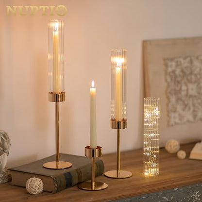NUPTIO Hurricane Glass Candles Holder, 18 Pcs Gold Taper Candle Holder Bulk - color: Ribbed, size: 18pcs