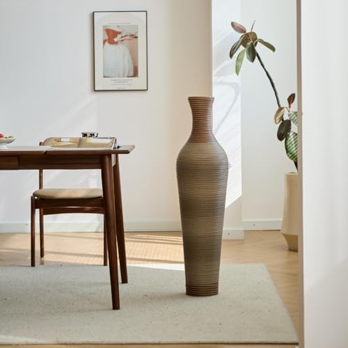39-Inch Tall Floor Vase, Modern PVC Decorative Ribbed Design with Artificial Rattan Look, Large Statement Piece for Living Room, Freestanding Flower Holder