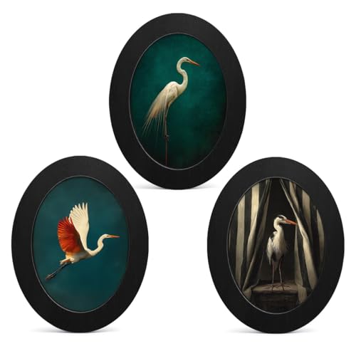 3Pcs Vintage Japanese Heron Oval Wall Art Framed Moody Bird Decor | Heron Bird Canvas Prints Hanging Decor for Home Living Room Bedroom Aesthetic Animal Wall Art - color: color-K