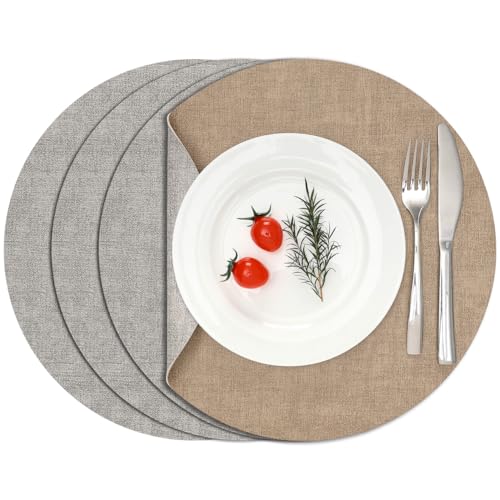 Myir JUN 14" Round Placemats Set of 4, Reversible Dual-Color Place Mats - color: Light Gray Beige