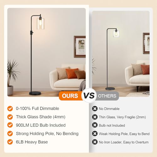 【Upgraded】 Dimmable Floor Lamp for Living Room with Clear Glass Lampshade, Black Modern Glass Floor Lamp with 900LM LED Bulb Included, Arc Standing Tall Lamp for Bedroom, Office, Reading Room, Corner - color: Clear Glass-Matte Black