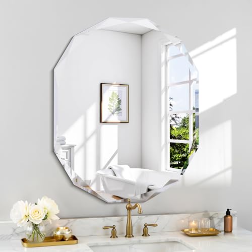 GLASHOM Frameless Oval Bathroom Mirror, 24x30 inch Beveled Wall Mirror - size: 24"L x 30"W