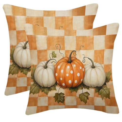 Orange Fall Pumpkin Pillow Cover 18x18 Set of 2 Polka Dots Buffalo Plaid Print Autumn Themed Decorative Throw Pillows Farmhouse Thanksgiving Fall Decor Outdoor Cushion Case for Couch Sofa Bed - color: Orange Plaid, size: 18" x 18" (Pack of 2)