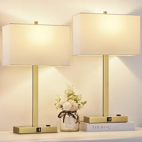21" Touch Bedside lamps with 2 USB & AC Outlets, 3-Way Dimmable Bedside Table Lamps Set of 2 for Bedroom Living Room Office Reading, White Shade Lamps for Night Stands, 2700K LED Bulbs Included - color: White Cream Linen & Brushed Gold