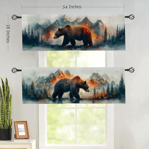 Brown Bear Kitchen Curtains 2 Pack Mountains Trees Oil Painting Kitchen Curtains Room Darkening Curtains Rod Pocket Window Treatment Valances 54x18 inch - color: Brown Bear