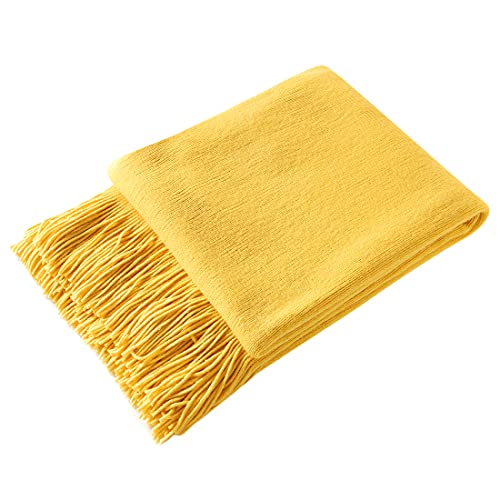 Homiest Yellow Knitted Throw Blanket with Fringe, 50x60 Inch - color: Yellow, size: 50" x 60"