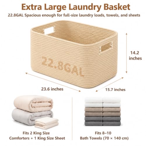 22.8GAL Xl Extra Large Laundry Basket for Bathroom, Dorm dirty Clothes, Sturdy Portable Aesthetic Boho Cute Woven Storage Shoes Blanket Baskets for Living Room Decor Girls Boys Pets Toys Oatmeal - color: Oatmeal, size: 22.8GAL