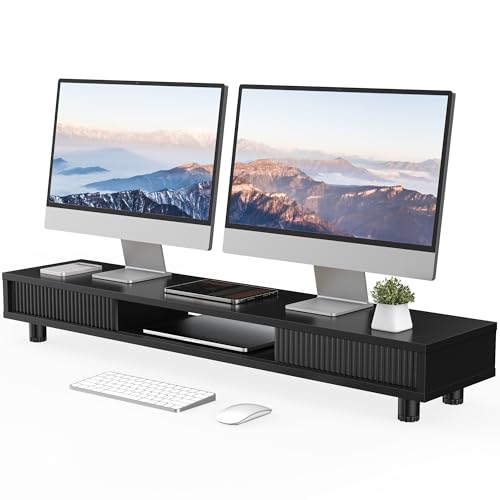 Fenge Dual Monitor Stand with Storage, Desk Shelf with Glass Sliding Door - color: Black