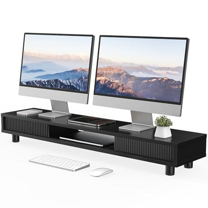 Fenge Dual Monitor Stand with Storage, Desk Shelf with Glass Sliding Door - color: Black