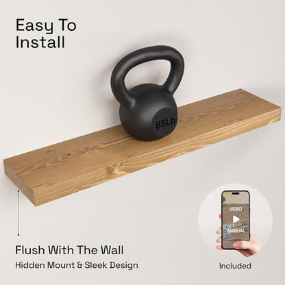 Natural Wood Floating Shelves for Wall 30 Inches Long, Oak Wooden Shelf - color: Gold Oak, size: 30 Inch
