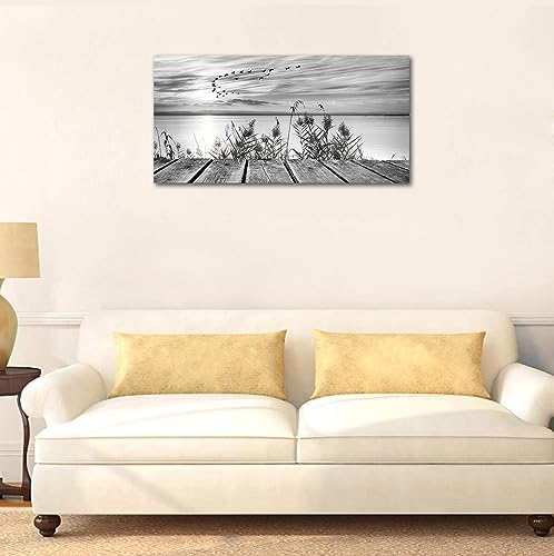 yearainn Black and White Canvas Wall Art Sunset Lake with Flying Birds Pictures for Wall Decor Nature Landscape Canvas Painting Artwork for Living Room Bedroom Office Home Wall Decoration 20" x 40" - color: Black and White Sunset Lake, size: 40"L x 20"W